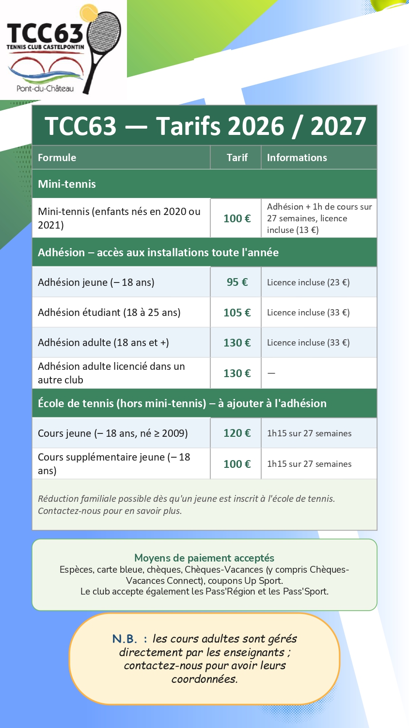 Tarifs 2026-2027 – Tennis Club Castelpontin